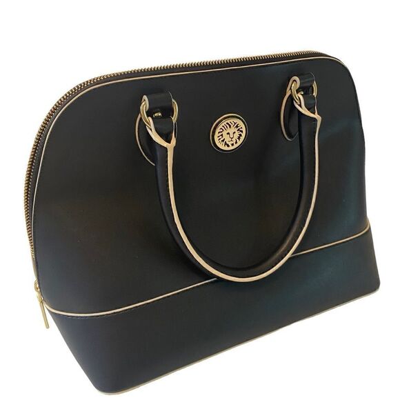 Anne Klein Black Satchel Subtly Lined w/ Beige Accents & Gold Hardware. - Picture 2 of 8